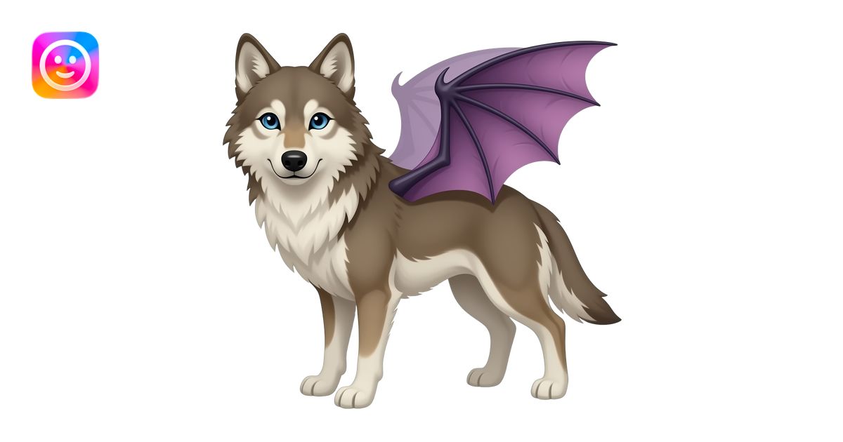 Tan wolf with blue eyes, and purplish bat wings emoji | AI Emoji Generator