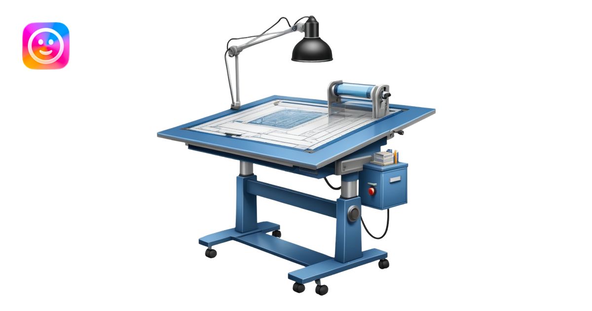 An icon featuring an engineering drafting table with a blueprint, a ...