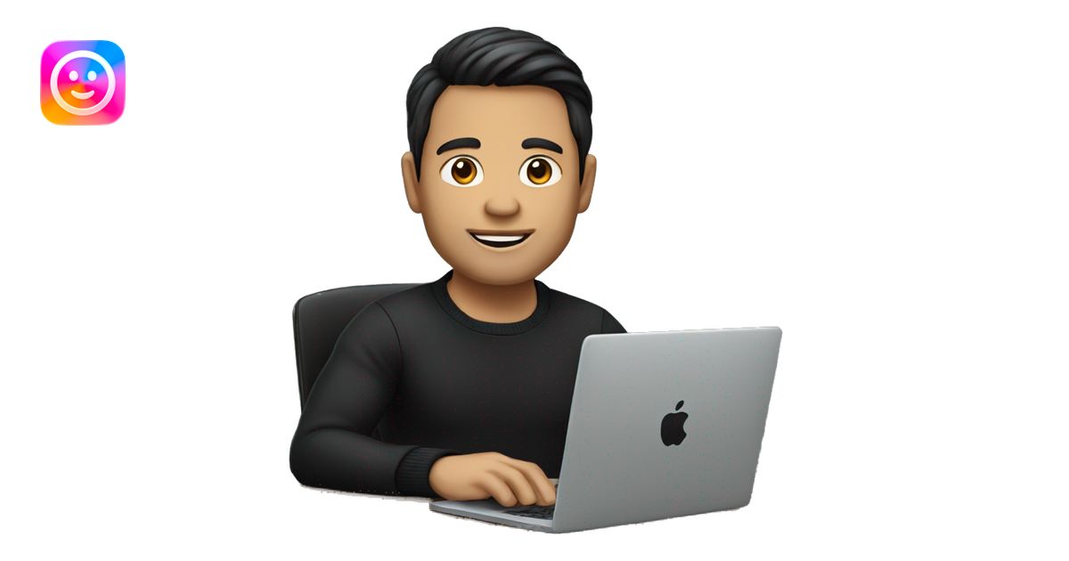 memoji of a man with a laptop in front, apple-style,modern,dark hair ...