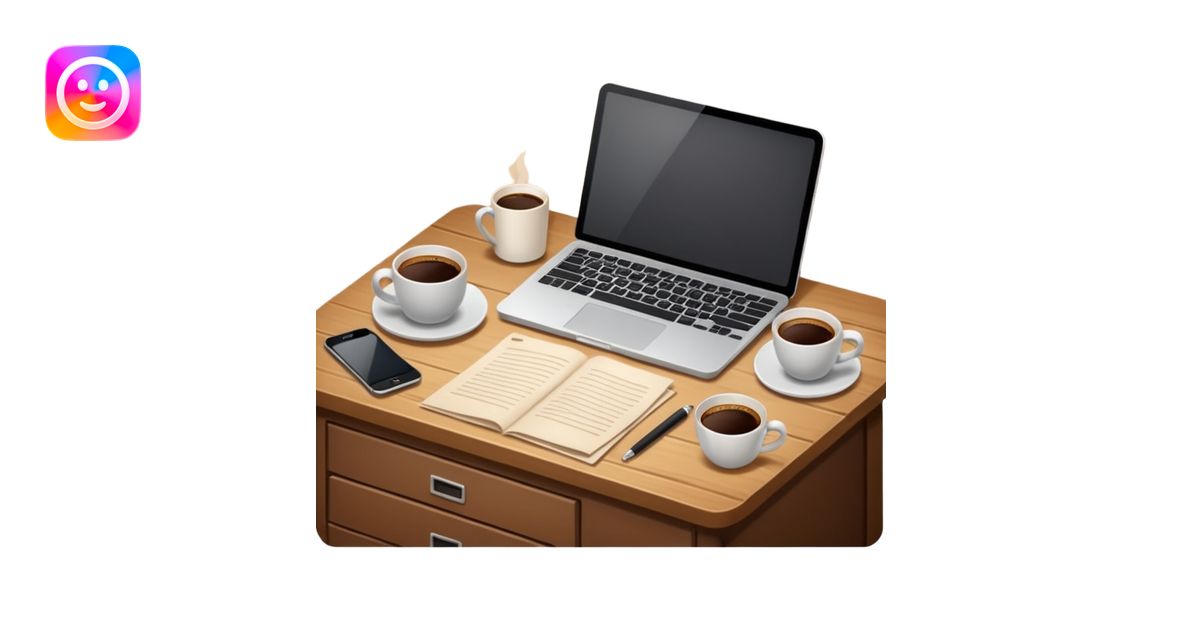 emoji of a cozy desk with a paper, a single coffee, and a laptop on it ...