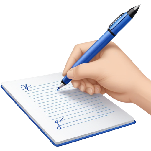 A hand holding a blue pen, writing an important note. Minimalist, modern style with clean lines and clear focus on the writing action emoji