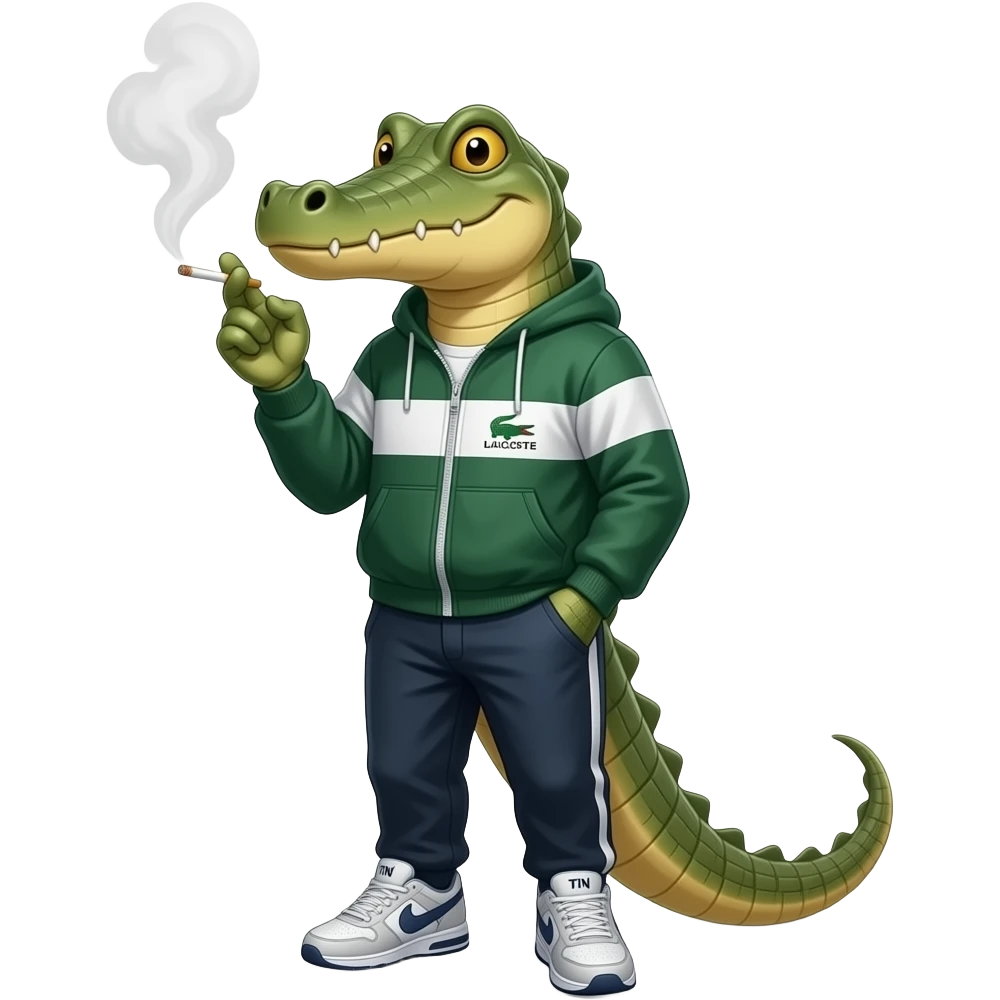Un cocodrilo con forma humana vestido con un chandal Lacoste y zapatillas TN fumando emoji