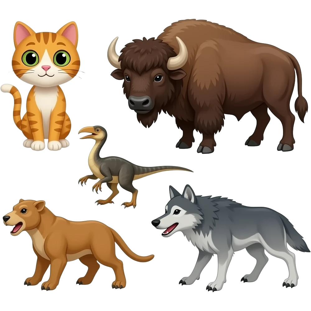 Caillou and Gilbert the cat and bison vs megalania,terror bird,smilodon,dire wolf battle emoji