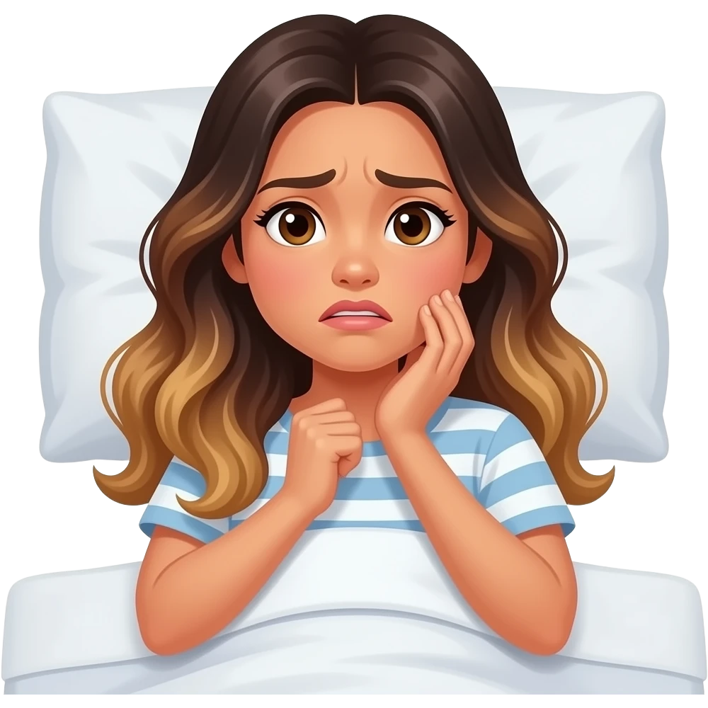 beautiful-filipino-woman-beautiful-eyes-with-long-wavy-hair-balayage-in-bed-annoyed-anxious thoughts emoji