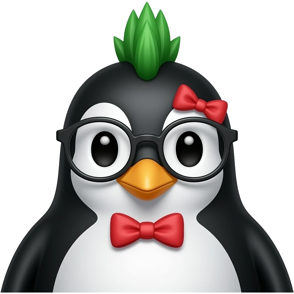 green mohawk haired black penguin with red hairbow and glassess, just face emoji