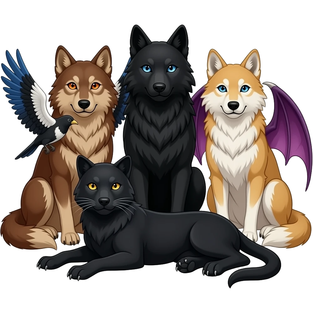 Three wolves are sitting together with a black panther with golden eyes lying at their feet. One wolf russet brown with orange eyes and black, white, and blue bird wings. The middle wolf is all black with blue eyes, and the last wolf is tan with blue eyes and purplish draconic succubi wings. emoji