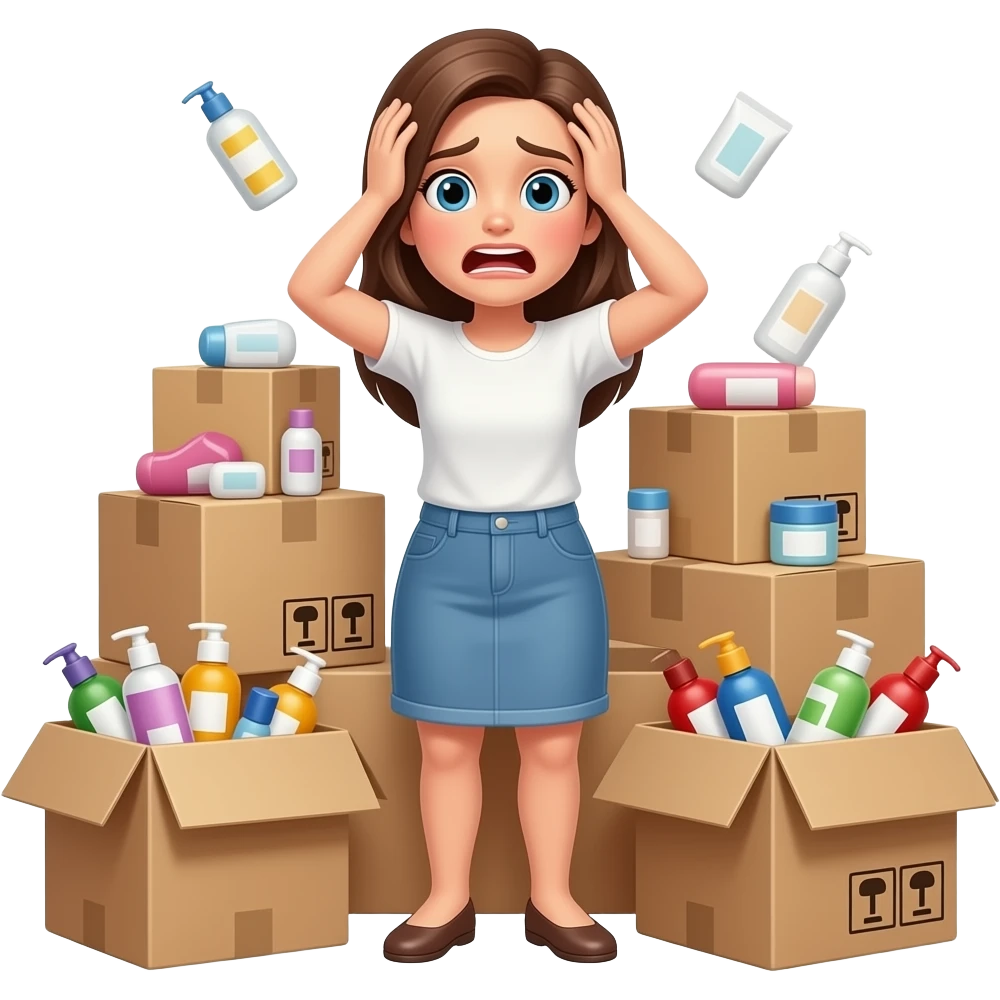 product information overload woman with products emoji