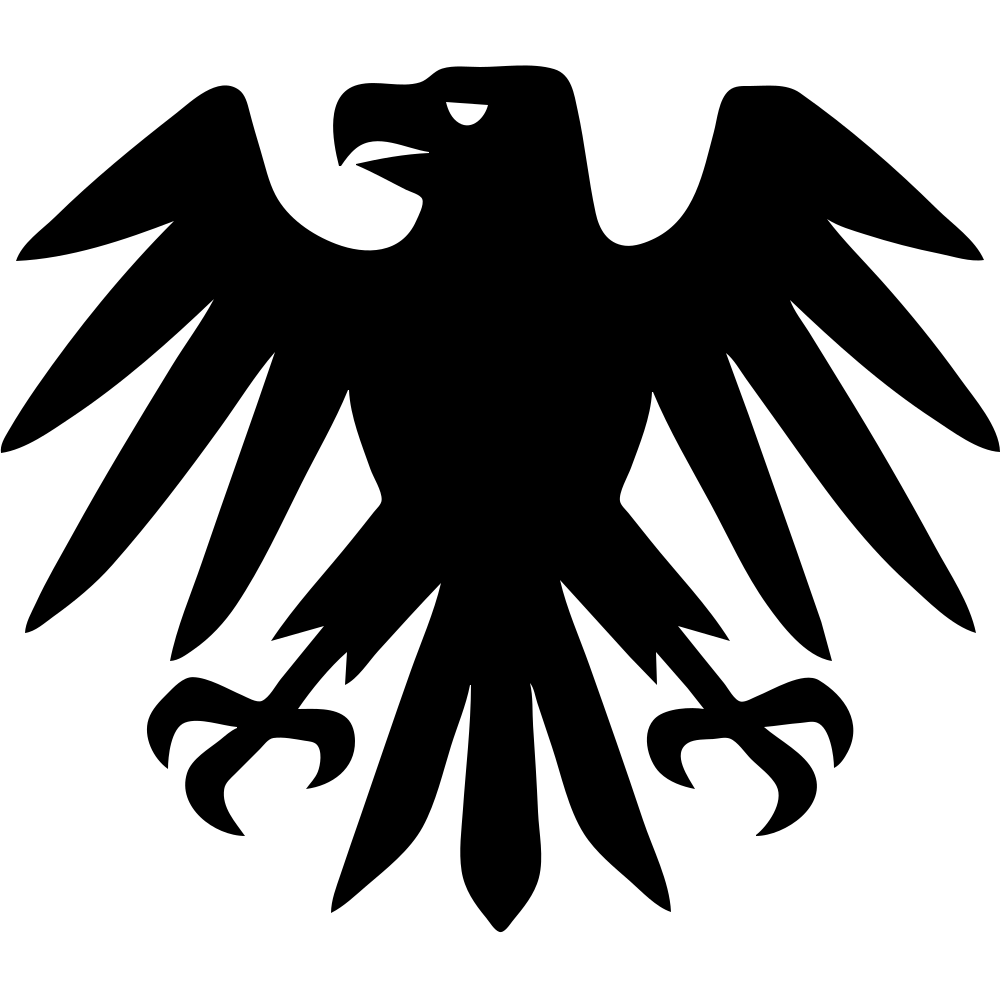Transform the eagle symbol into a super menacing solid shape with straight lines and pointed corners instead of curves. Keep it as one solid filled shape with no outlines and no background, full body. emoji