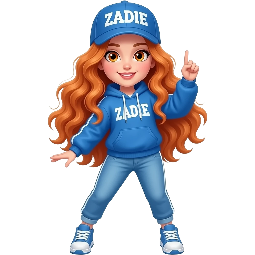 sexy girl with long wavy ginger hair and ginger eyes is wearing a blue hip hop outfit and a cap with ZADIE written on it, is dancing, the full body is to seen emoji