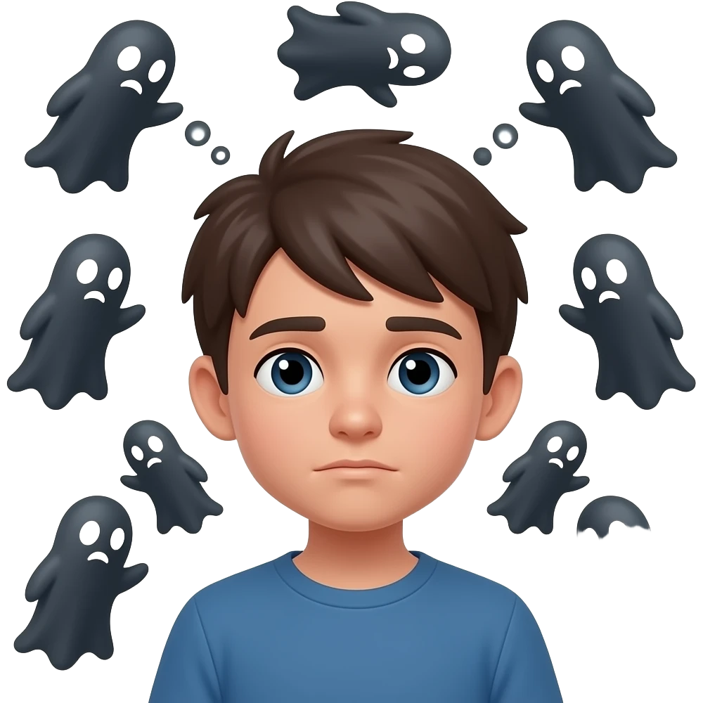 нарисуй парня грустного вокруг которошо летают темные мысли-привидения emoji