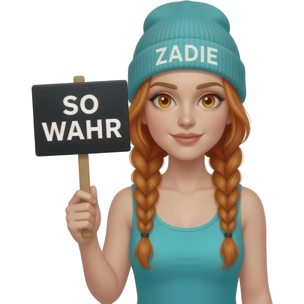 sexy girl with overlong ginger braids and ginger eyes wearing a turquoise tanktop and a turquoise beanie with ZADIE written on it, is holding a black sign with SO WAHR written on it emoji