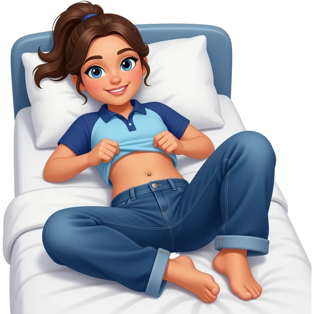 Hispanic girl with brown ponytail and blue eyes light blue and dark blue polo and dark blue baggy jeans and belly button laying down on her pillow on her bed showing her feet lifting her shirt all the way up showing belly rolls emoji