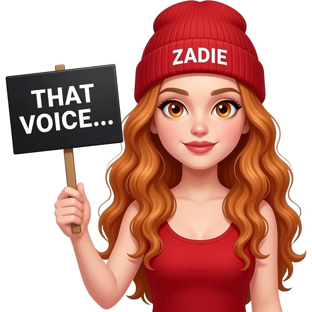 sexy girl with overlong wavy ginger hair and ginger eyes wearing a red tanktop and a red beanie with ZADIE written on it, is holding a black sign with THAT VOICE... written on it emoji