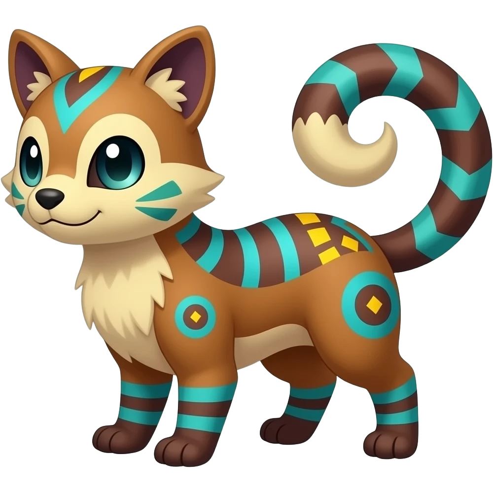 Colorful Civet-Trico-Sprigatito-Fennekin-Manectric-Vaporeon-Fakémon-hybrid with tribal markings emoji