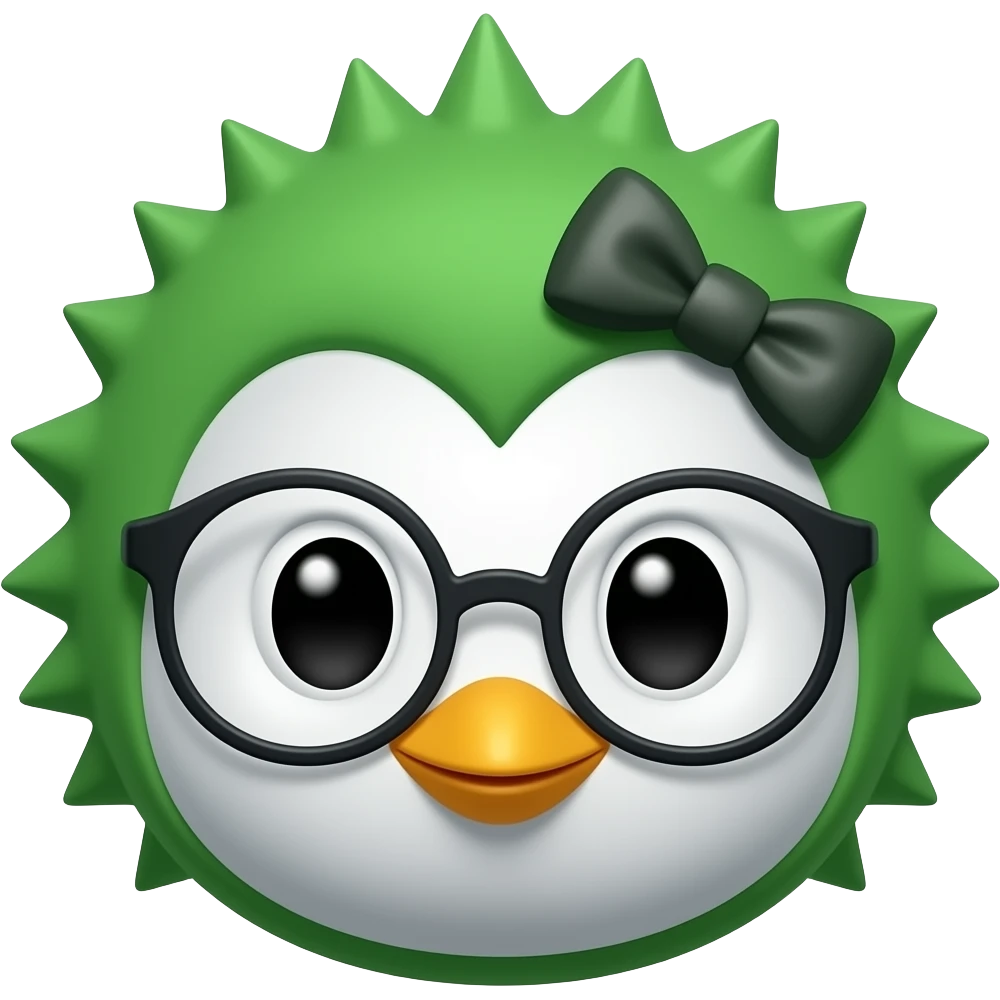 green spiky haired penguin with hairbow and glassess, just face emoji