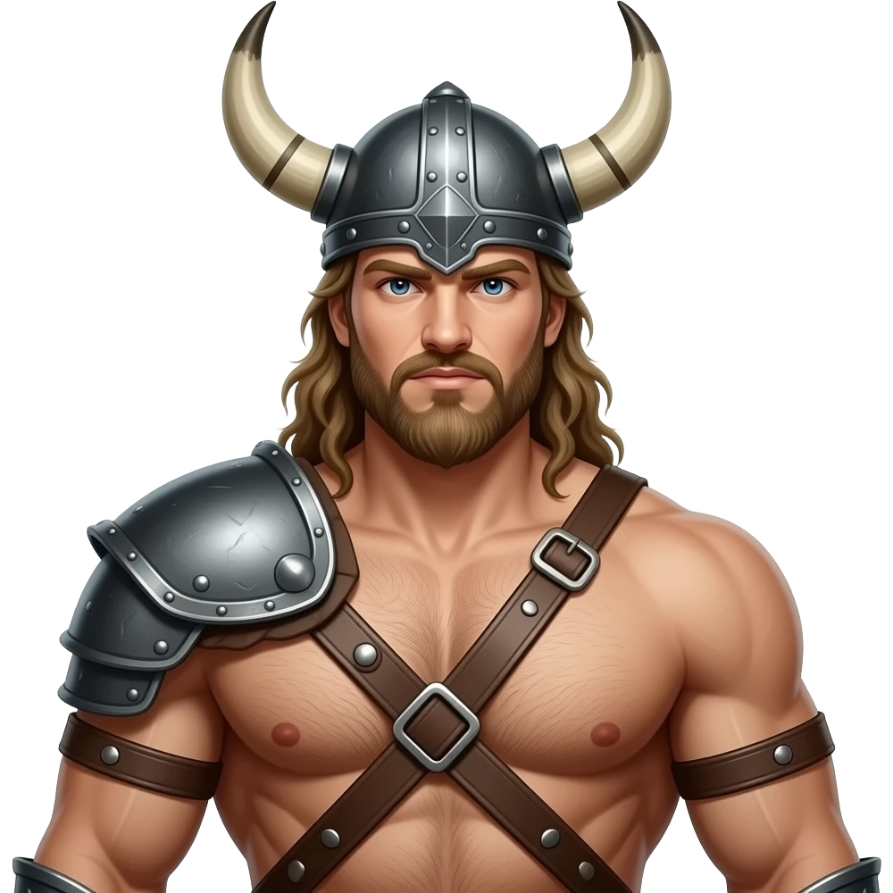 Vikinger mit nackten maskulinen behaarten Oberkörper und starker Brust, mit Leder Riemen und Schulterpanzer. Er trägt ein Helm mit Hörnern emoji