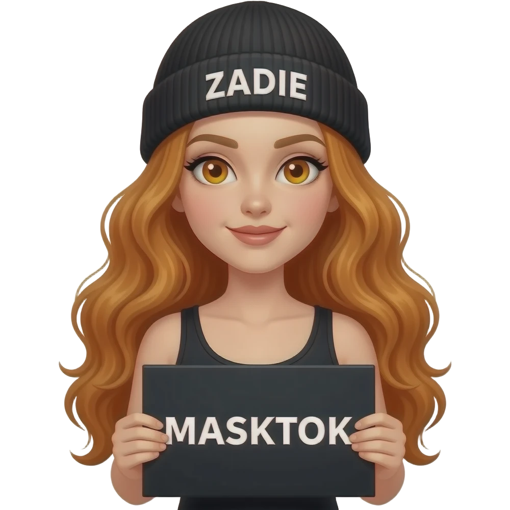 sexy girl with overlong wavy ginger hair and ginger eyes wearing a black tanktop and a black beanie with ZADIE written on it, is holding a black sign with just MASKTOK on it emoji