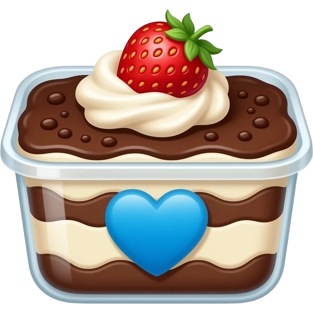 basic cocoa tiramisu with a strawberry in a large container and with 🩵 emoji