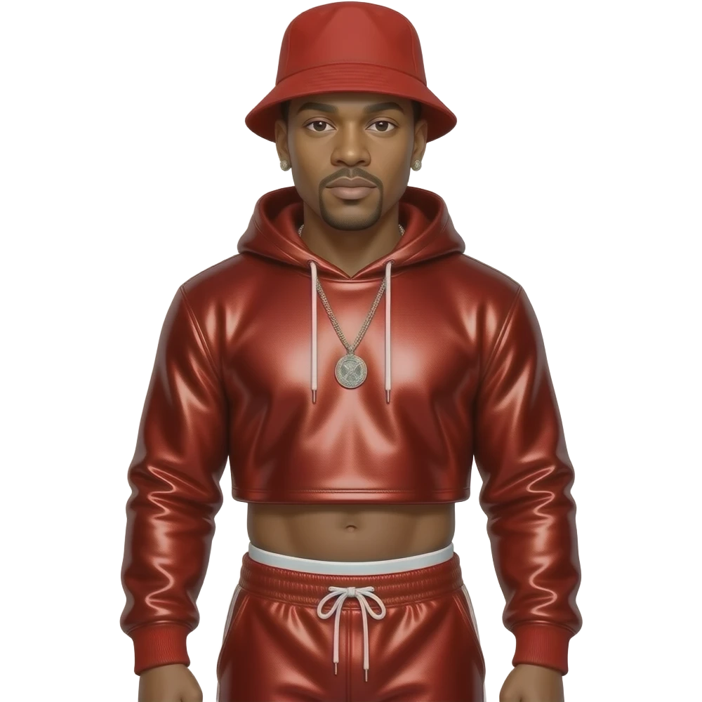 LL Cool J with bald, red bucket hat, red metallic sweatshirt crop top, red metallic sassy joggers with white undies, necklace and earrings emoji