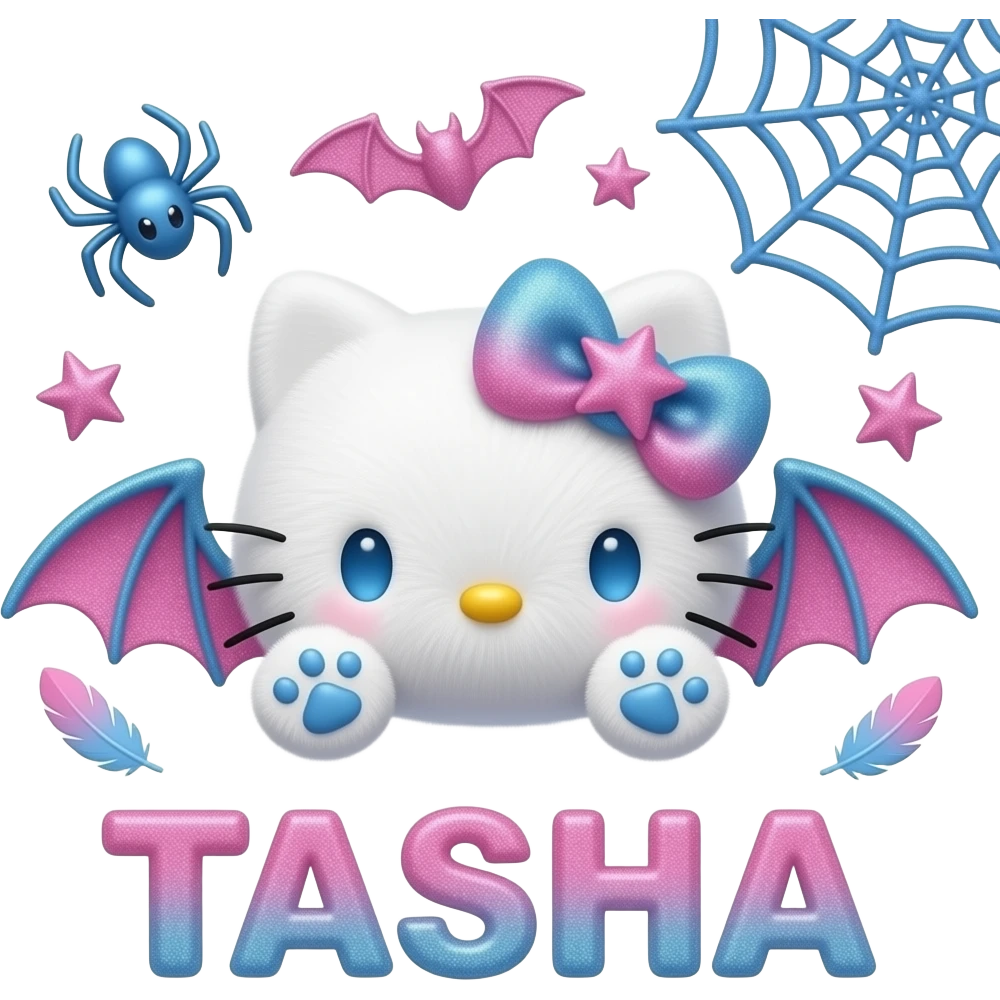 White velvety fur 3D hello kitty head with blue pink ombre 3D star bow ...