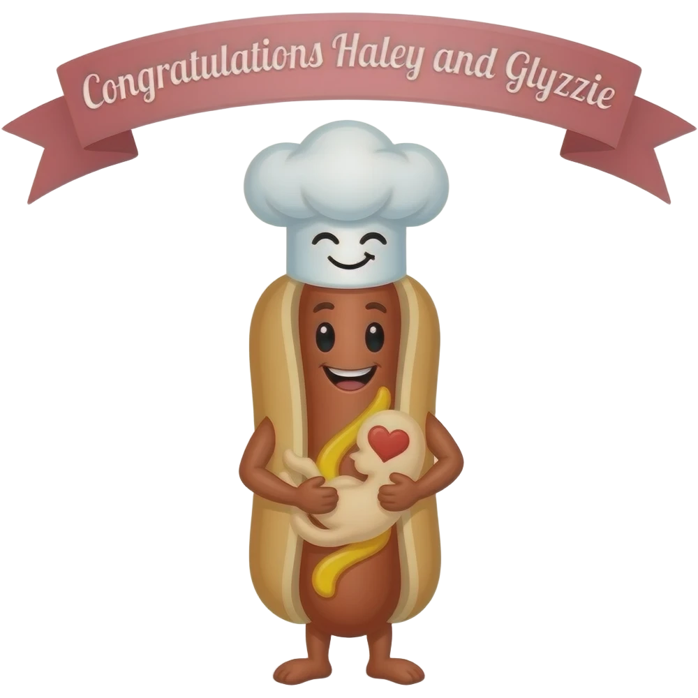 A chef's hat with a face, and an anthropomorphic hot dog, in love, holding a sonogram, underneath a banner that says "Congratulations Haley and Glyzzie" emoji