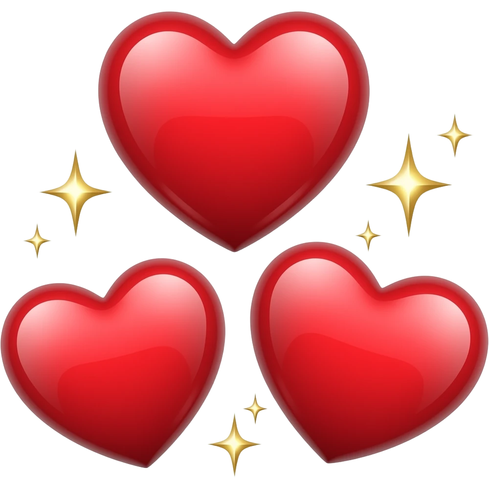 tre søte rød hjerter med små stjerner rundt emoji