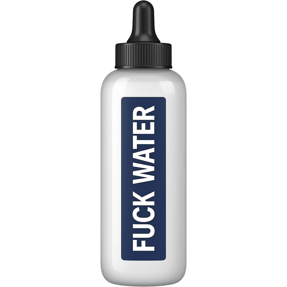 long very skinny squeeze bottle with black cap with white liquid in it with a white and dark blue vertical label that says FUCK WATER but the fuck is white text with a black background and water is white text with a navy blue background so it’s split in half. but the label is sideways emoji