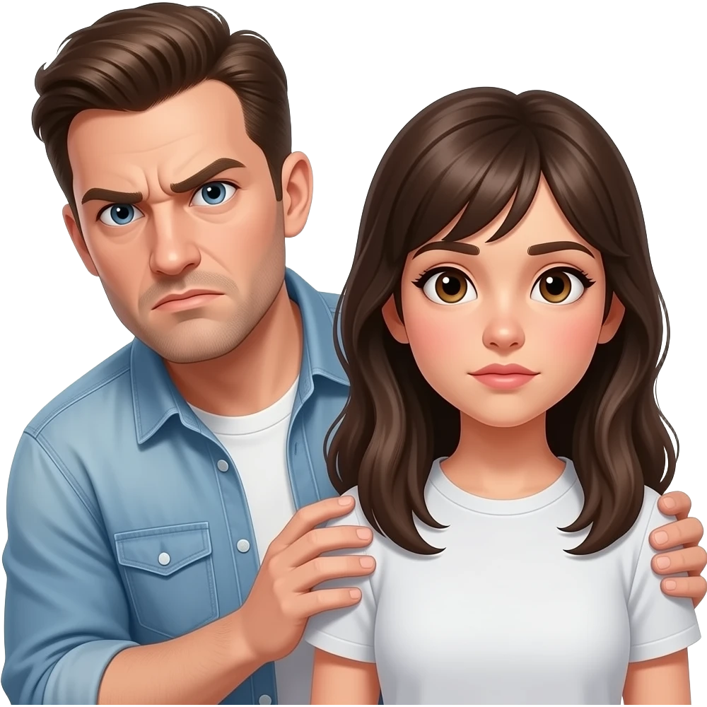 upset defensive guy, suspicious eyes,  peaking on the corner of his eyes at someone outside the screen , looking someone at the side , back over his shoulder,  protecting poor humble young woman, she has neutral face expression, both wearing street casual clothes emoji