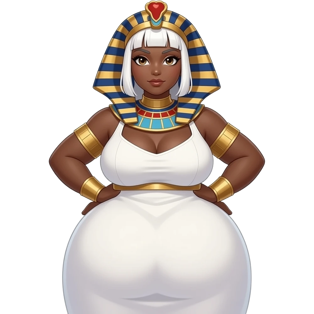 African Anime extremely fat big booty a white hair female creature cosplaying Egyptian girl showing back her buttocks with putting her hands behind her back with her white dress emoji