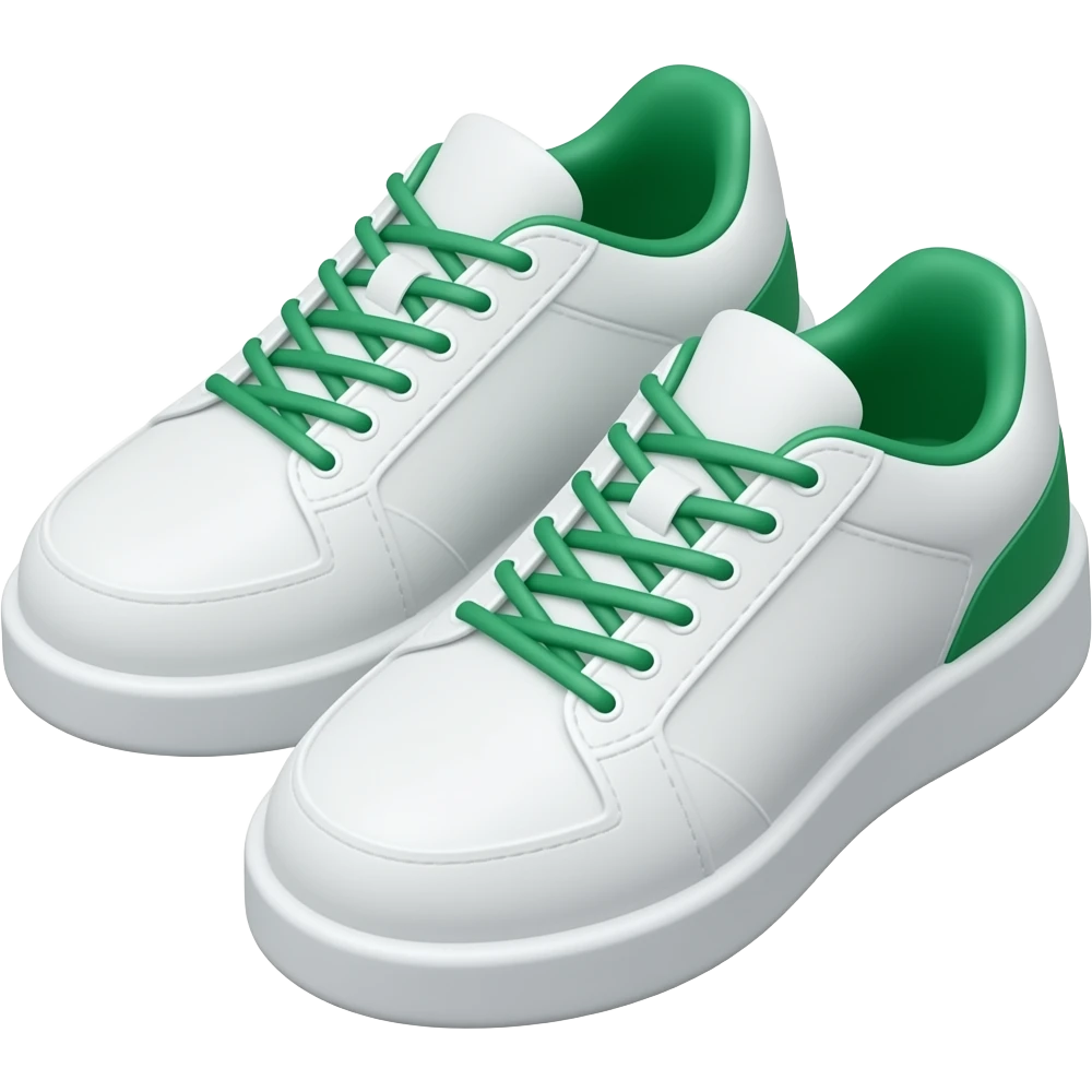 Apple iOS style pair of white pickleball sneakers emoji, glossy 3D sports shoes, white body with green shoelaces and green accents, minimal sporty design, smooth shading, ultra detailed, clean background, premium iOS emoji aesthetic emoji