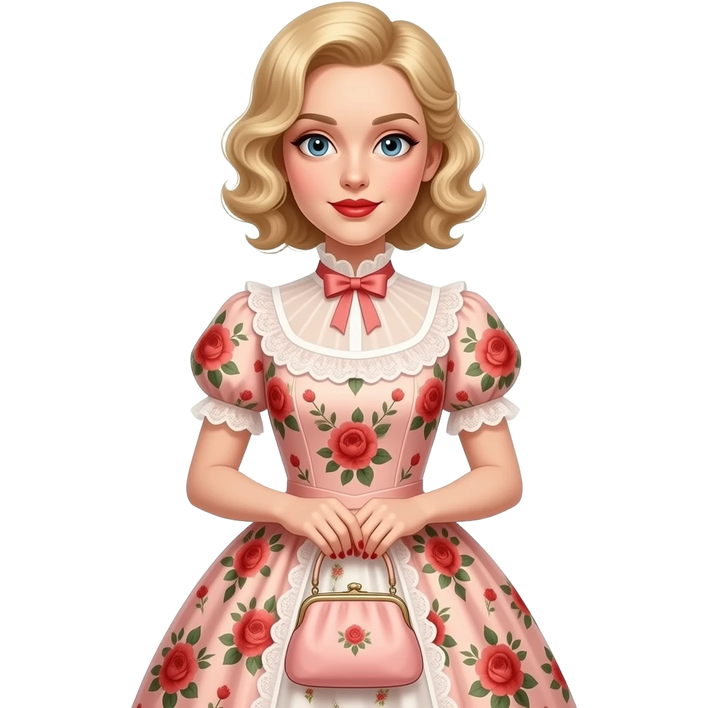Short blonde curly hair side swept red lipstick in a peach floral Victorian dress, red nails. holding a Victorian peach purse emoji