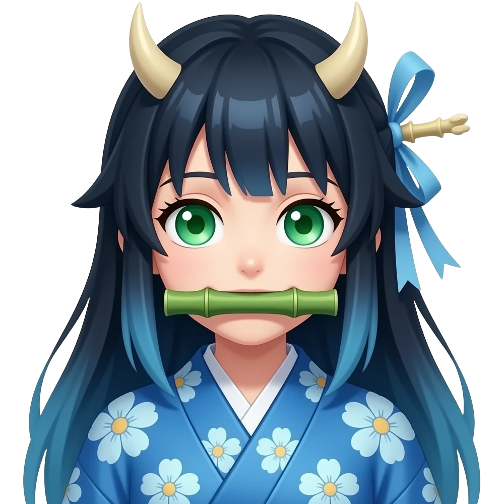 Que se parezca a Nezuco de Demon Slayer pero con los ojos verdes el bambú grueso en la boca y pelo azul y el kimono azul con flores azules pastel emoji