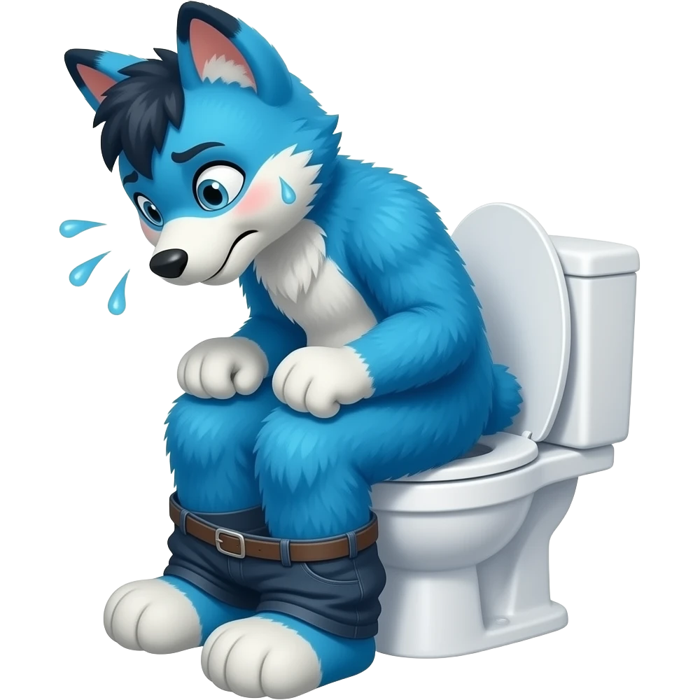blue fursuit sitting on toilet, side view, pants down, straining face, blushing face, sweating, pain, pushing, both fits, discomfort emoji