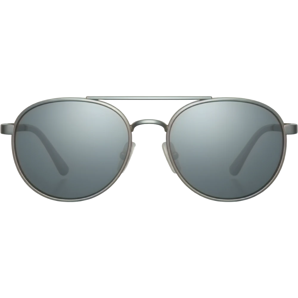 A pair of luxury sunglasses emoji with silver chrome frame, smooth rounded lenses, reflective metallic surface, high-end swag aesthetic, minimal and clean design, iOS emoji style, centered, white background emoji