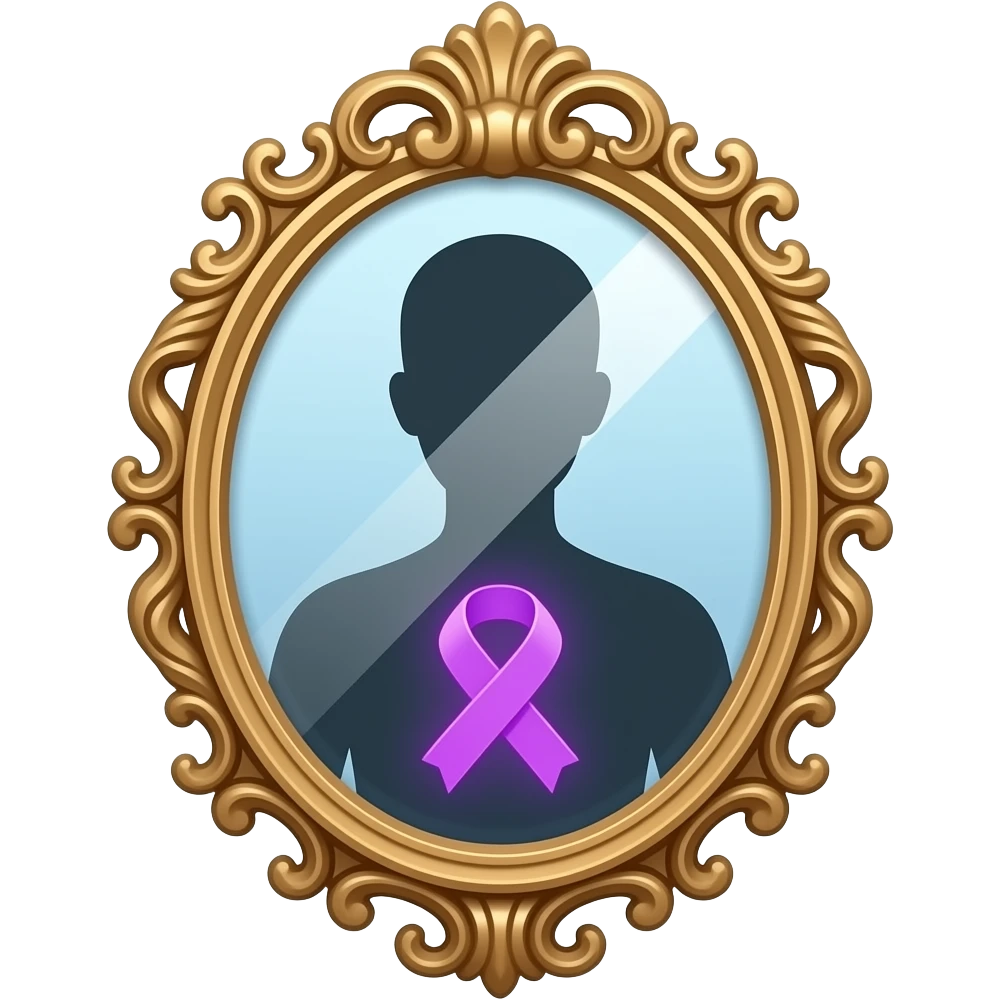detailed and ornate mirror who reflecting a human silhouette with a glowing purple ribbon on the chest, symbolizing fibromyalgia awareness, soft gradients, subtle sparkle highlights, cute and minimal, transparent background emoji