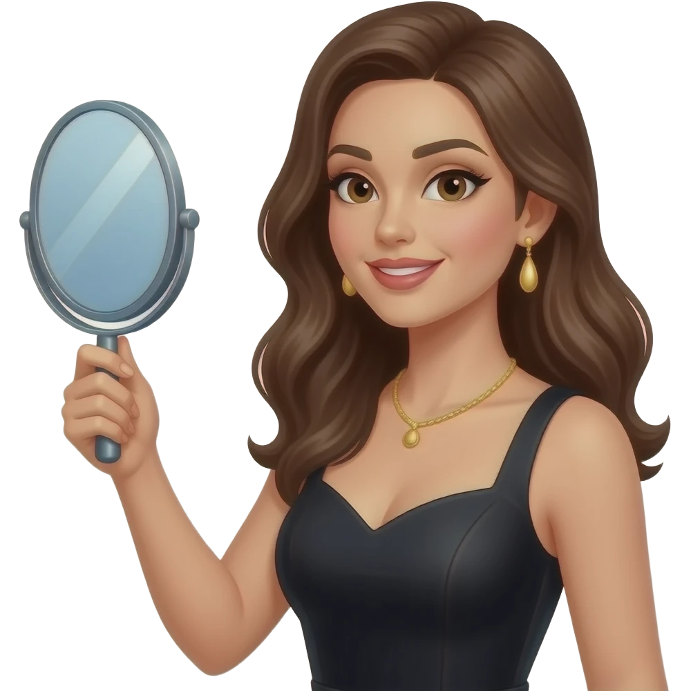 Realisting woman sexy posing elegant  black dress model looking proudly into the handheld mirror emoji