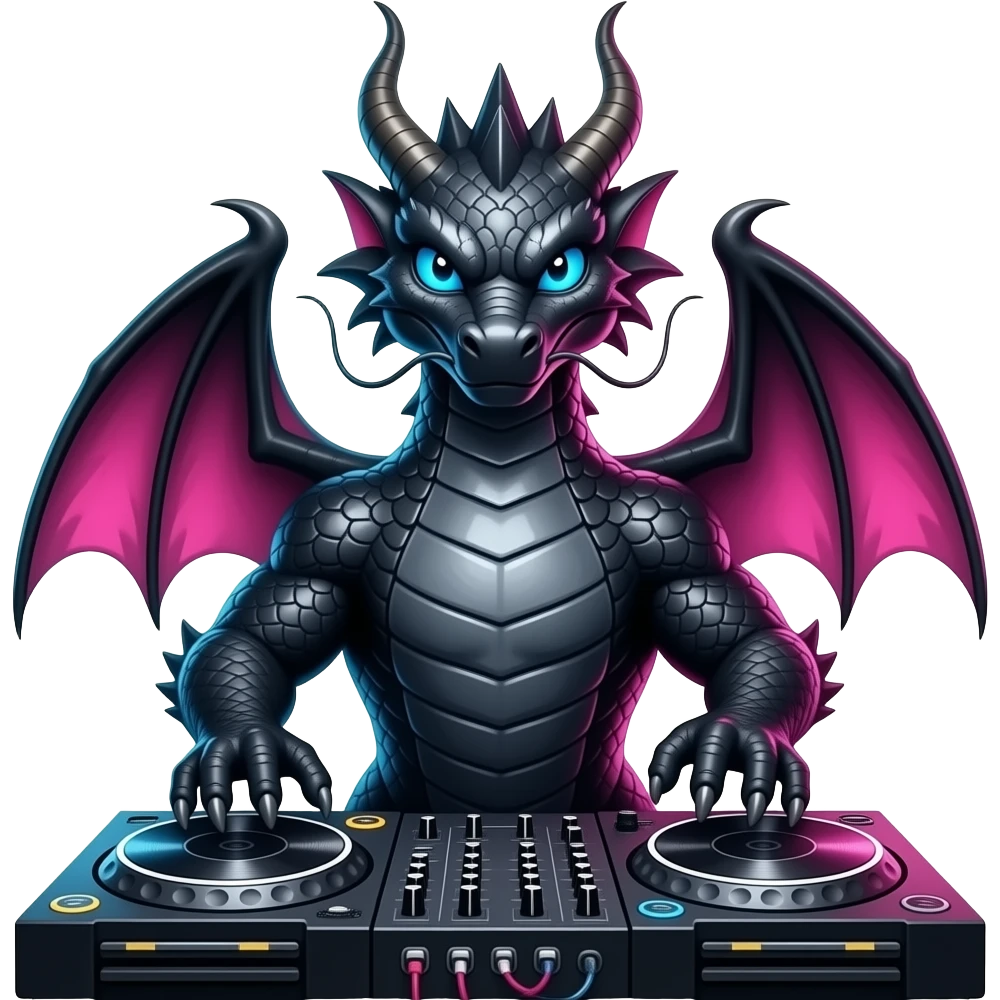 ancient Black dragon DJ, highly detailed, hyper real, DJ Deck, facing forward, pink and blue lighting emoji