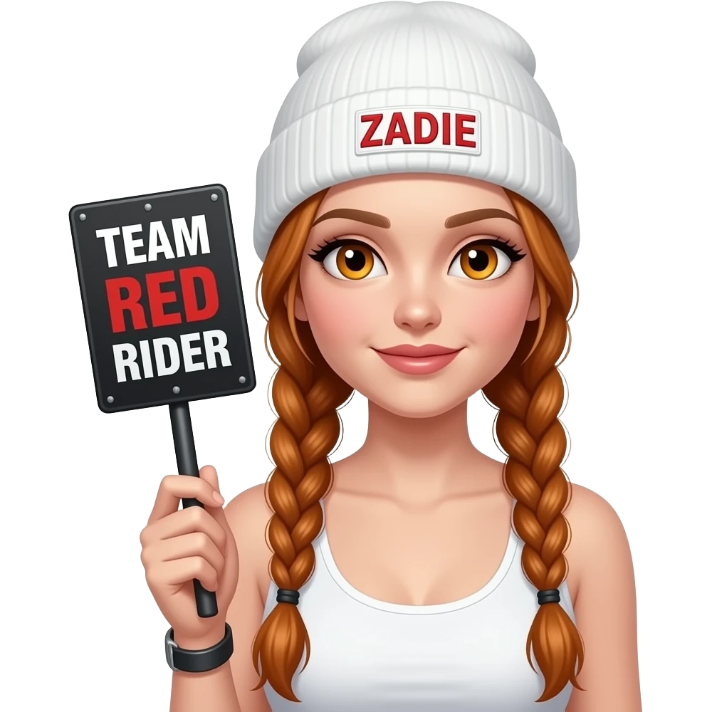 sexy girl with overlong ginger braids and ginger eyes wearing a white tanktop and a white beanie with ZADIE written on is holding a black sign with just TEAM RED RIDER on it emoji