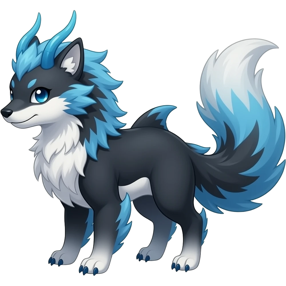 Bluish blackish whitish greyish gradients Absol-Amaura-Aurorus-Vulpix-hybrid with orca tail emoji