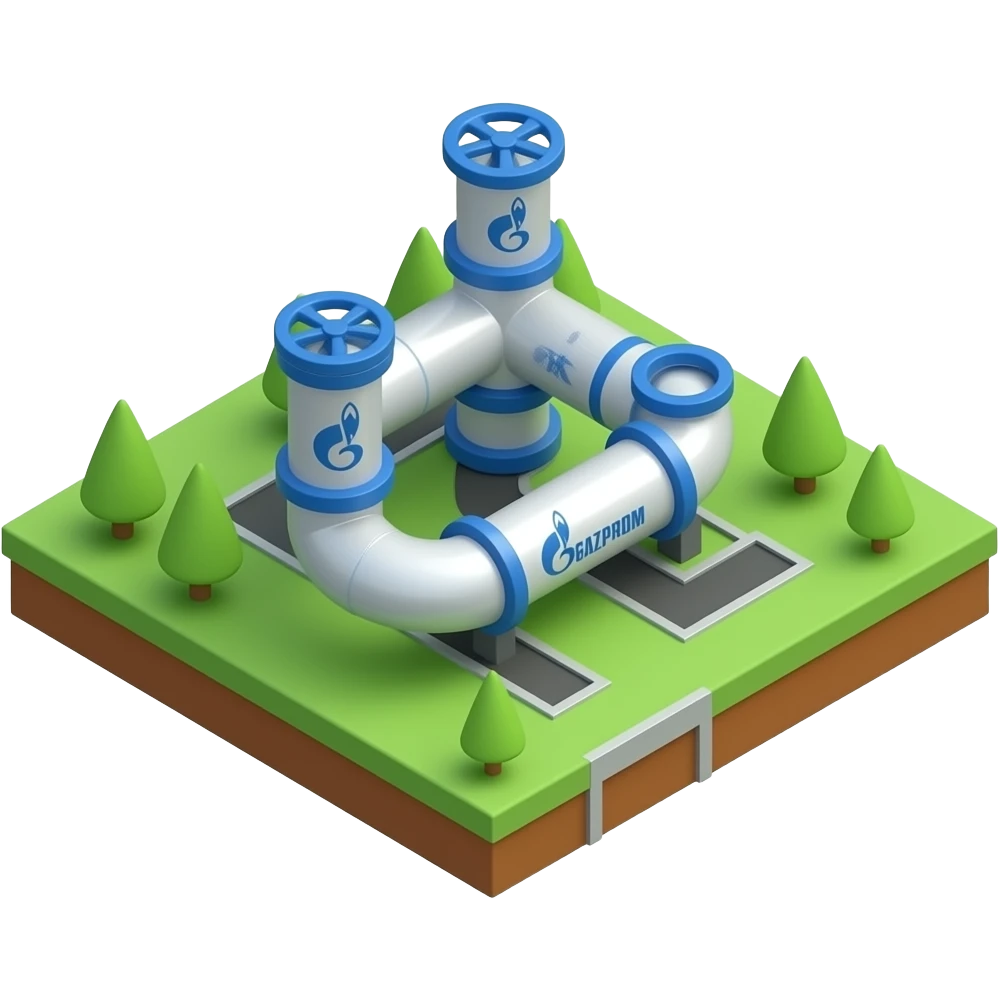 Emoji of an oil depot with pipes with the Gazprom icon on the pipes (2-3 pieces) view section of a piece of land small size diagonal view from below emoji