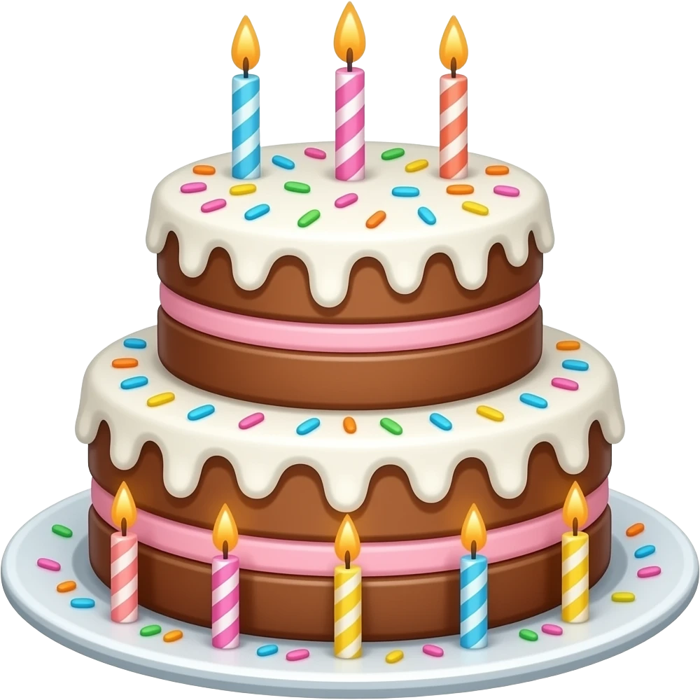 festive two-story cake (white icing on top, pink bottom, brown cakes) with candles (three on top and 5 on the bottom) and sprinkles, without a plate emoji