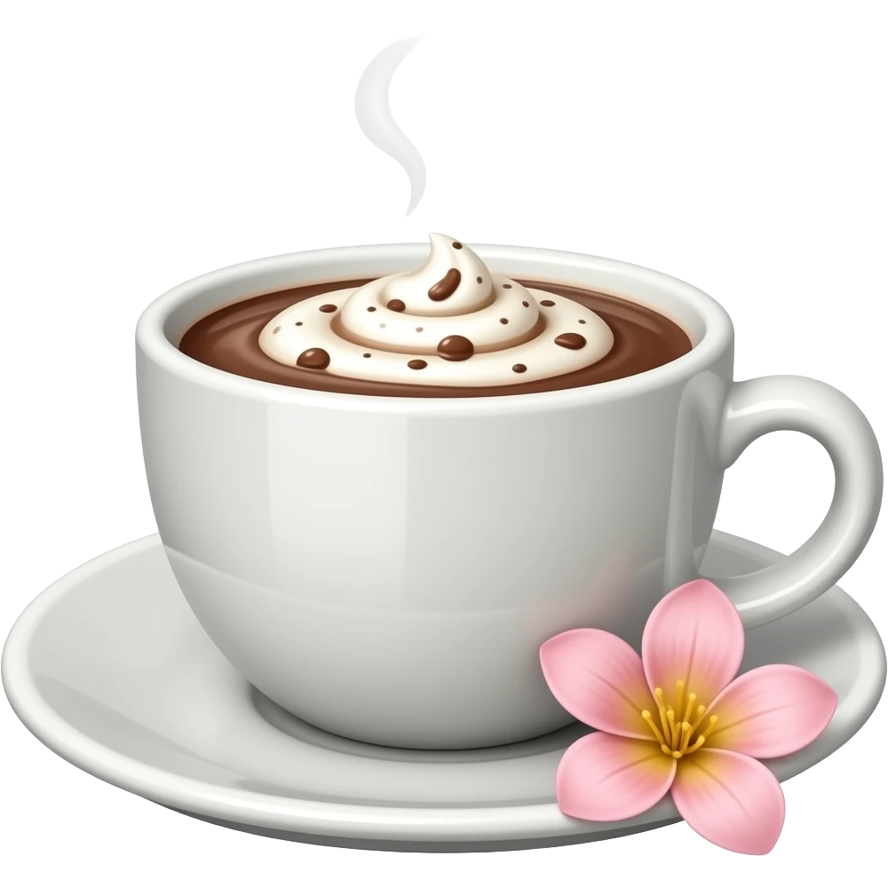 Hot chocolate with pale pink flower and whipped cream emoji