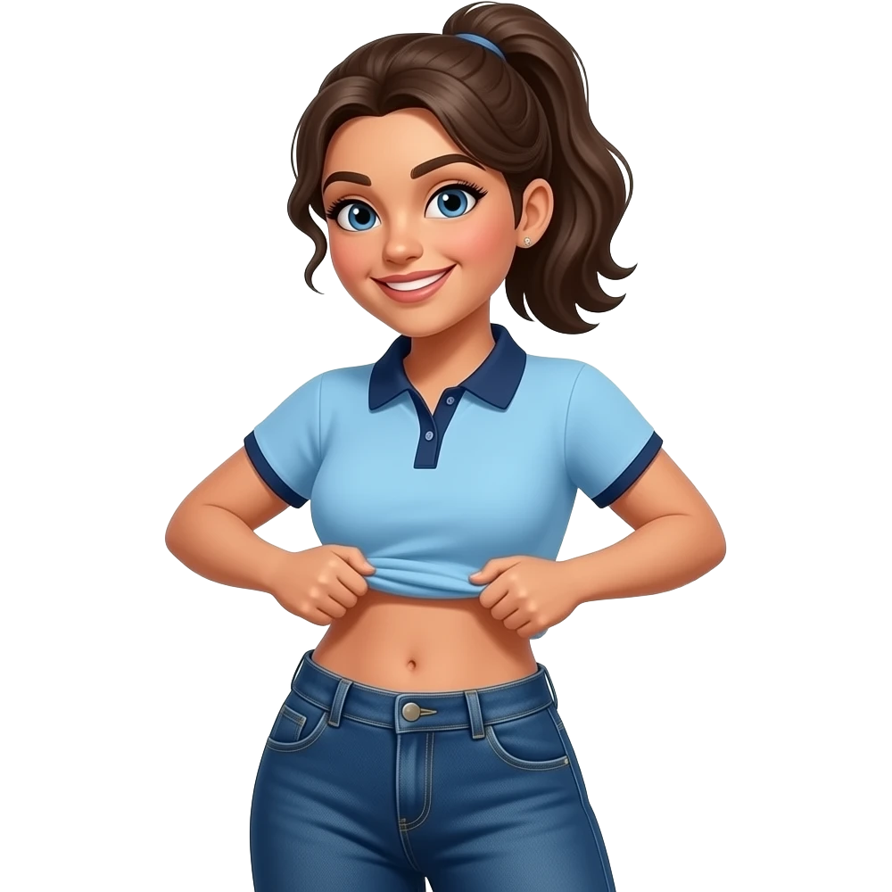 Hispanic woman with brown ponytail and blue eyes light blue dark blue lined polo and dark blue baggy jeans and belly button and black and white sneakers lifting her shirt funny belly trick emoji