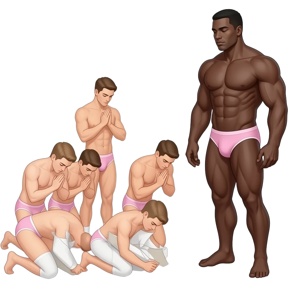 5 soft flabby thin white male sissies in pink panties bow to worship dark black muscular man with huge hardon emoji