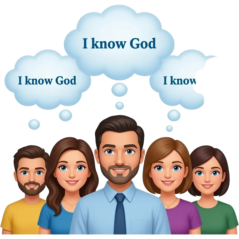 A group of people from Israel with thought bubbles above their head. All of the thought bubles say "I know God" emoji