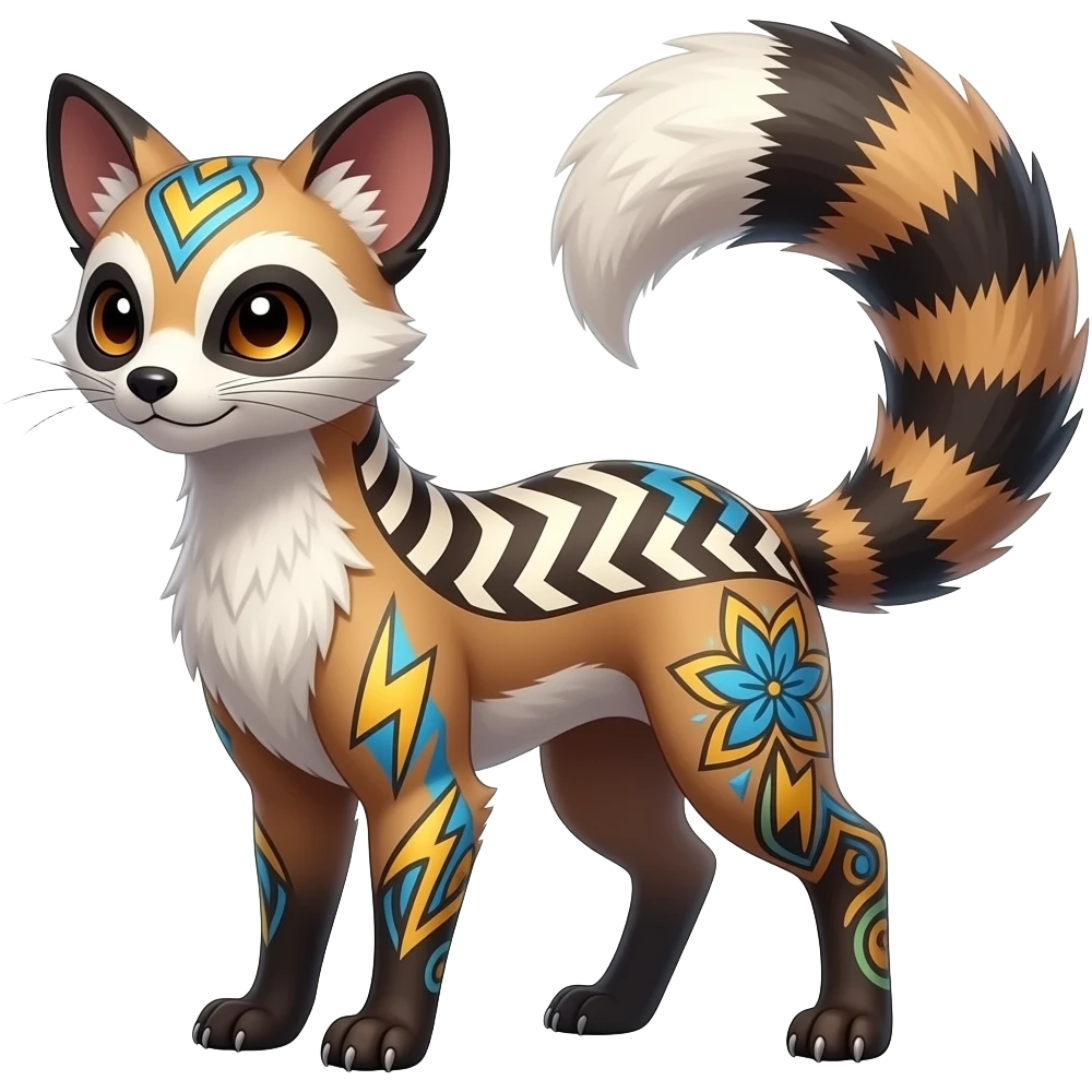scaly spunky Realistic tall slim unique original shiny edgy cool fantasy-Civet-Absol-Sprigatito-Vaporeon-Fakémon-hybrid with tribal chevron heart floral lightning bolt strikes damask paisley markings emoji