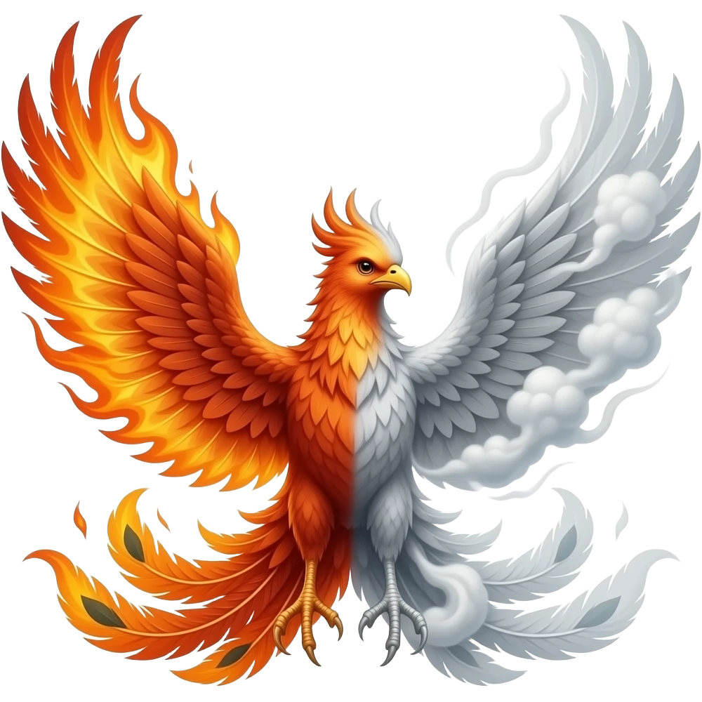 A realistic phoenix with long tail feathers made of Fire on one side and Smoke and Clouds on the other side facing the viewer. emoji