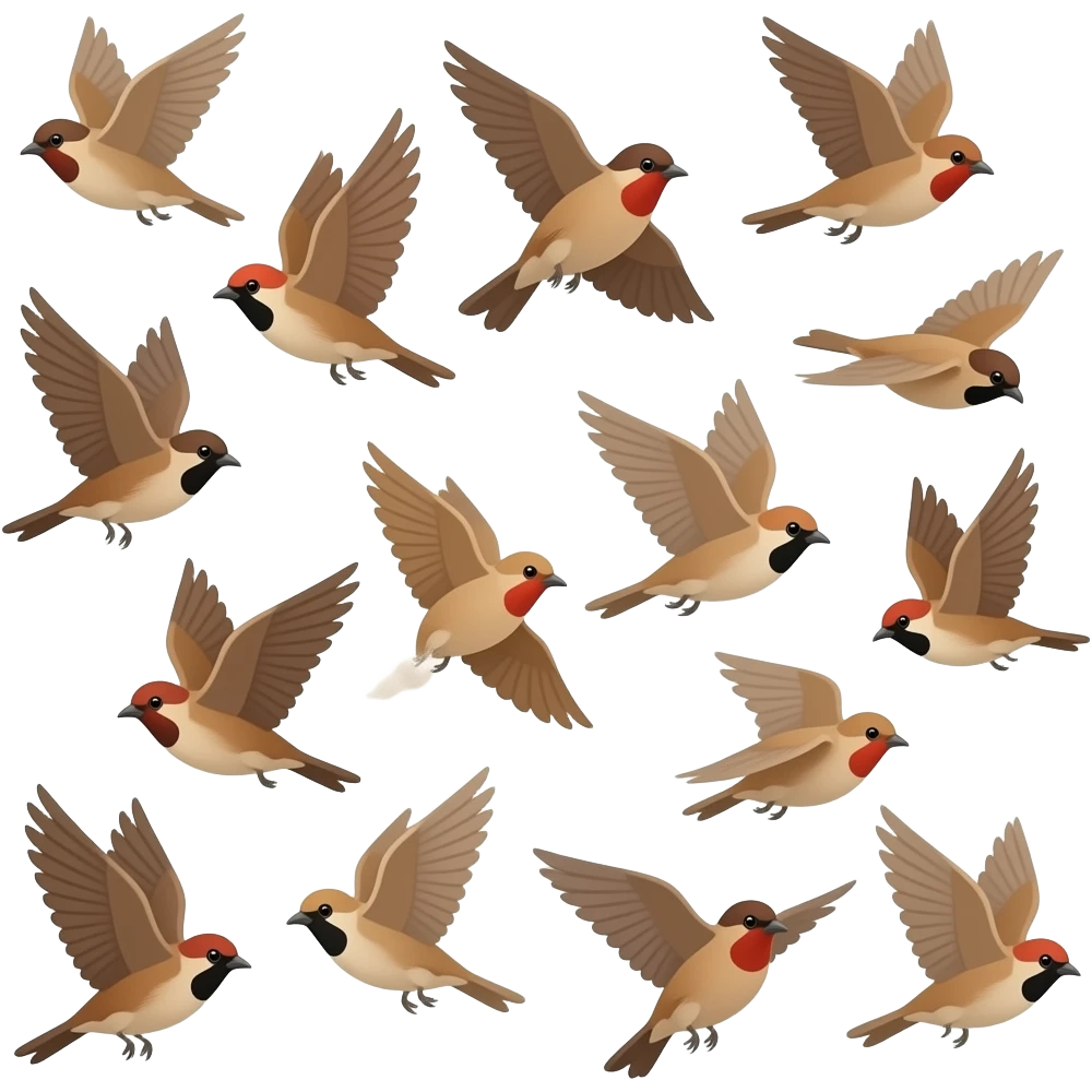 A detailed 3d render iPhone emoji icon of a detailed Brown and red color 3D Render iPhone emojis of a flock of brown and red color songbirds flying in the air emoji