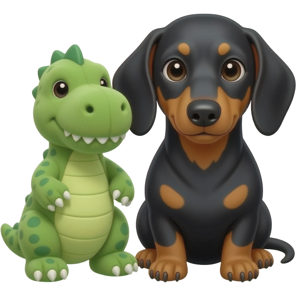 perro salchicha negro con una manchita blanca eñ el pecho sentado con un dinosaurio verde de peluche a su lado emoji