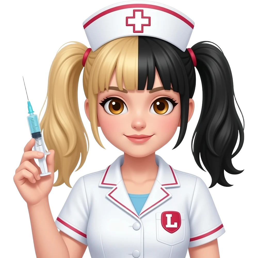 Punk nurse girl with hypodermic needle with half blonde half black hair in pigtails with a letter L patch on jacket and brown eyes emoji